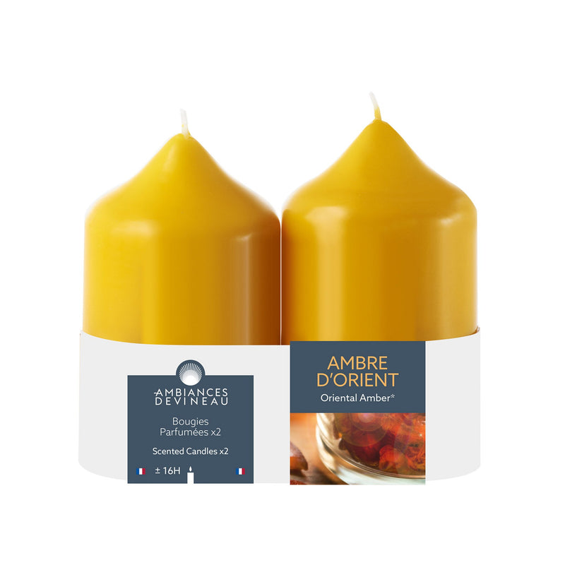 2 bougies parfumées cylindriques Jaunes 16h ambre d'Orient