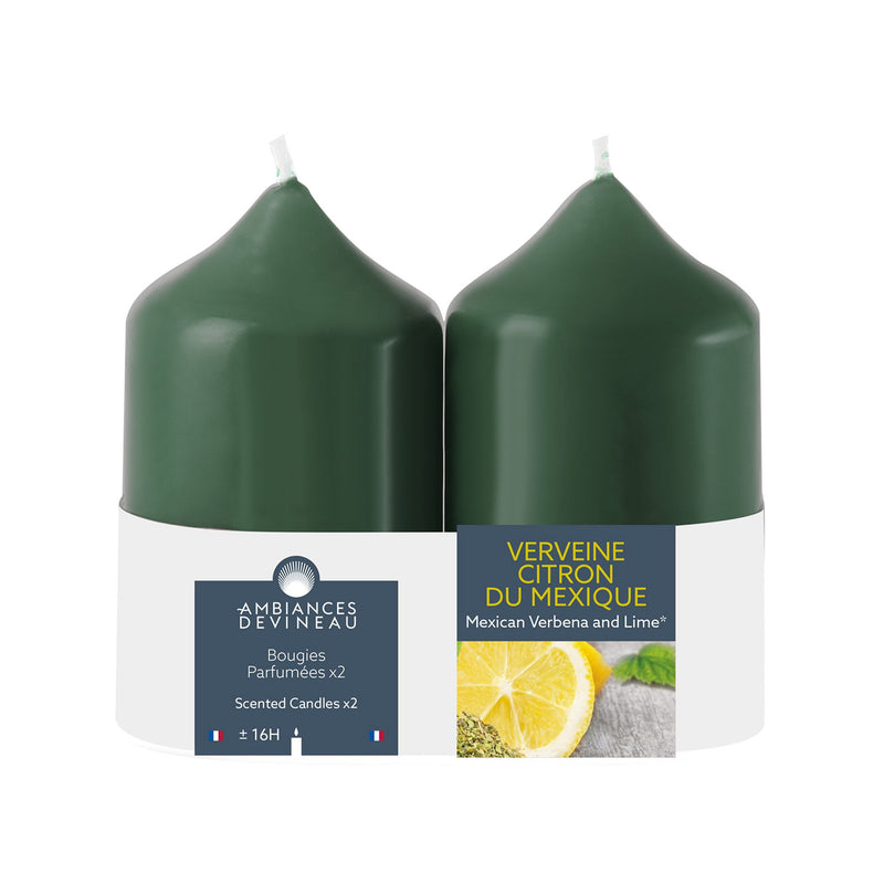 2 bougies parfumées cylindriques vert kaki 16h verveine citron du Mexique