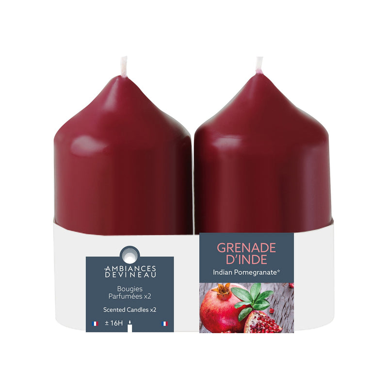 2 bougies parfumées cylindriques rouges 16h grenade d'Inde